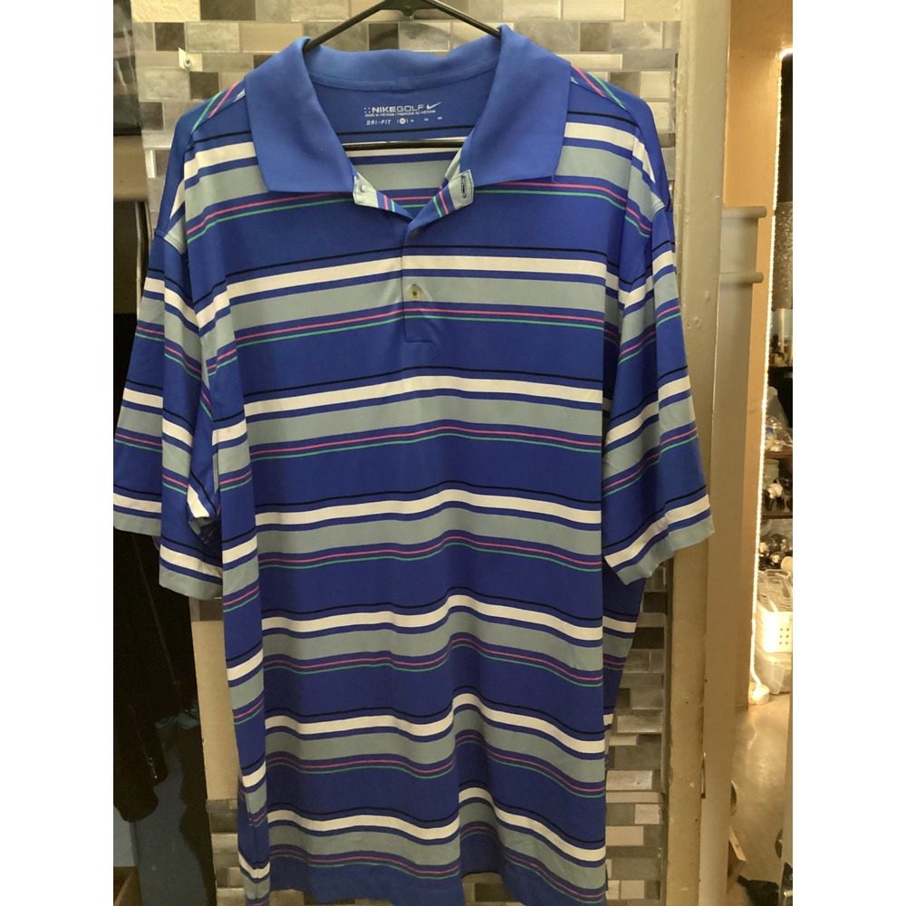 Nike Golf Mens XL Dri-FIT Striped Polo Shirt Blue Short Sleeve Performance Top